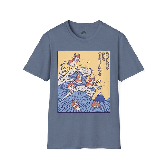 Keep Calm and Surf On Corgi Graphic Tee Heather Indigo